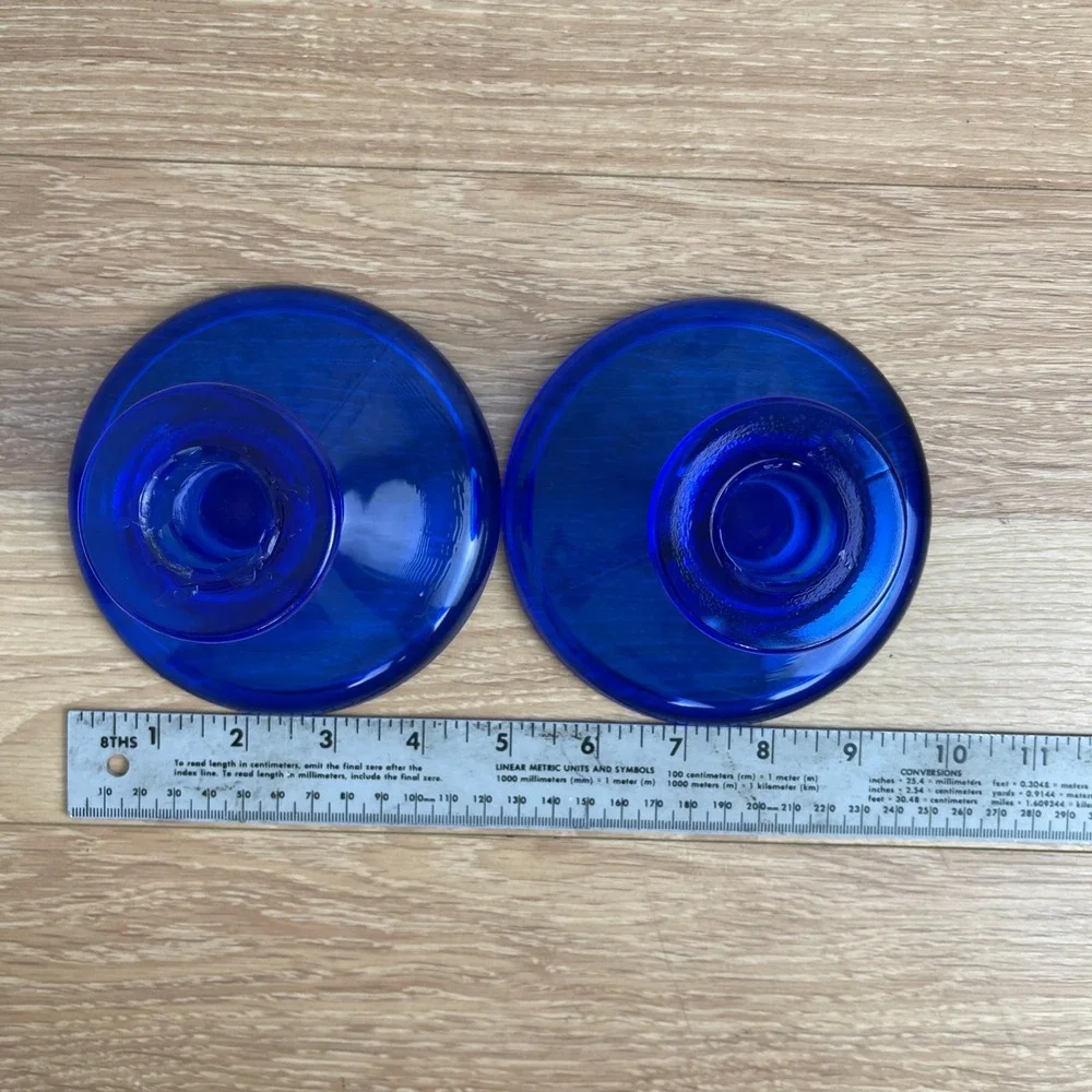 Vibrant Cobalt Blue Glass Candlestick Holders Pair Round Base Taper Set of 2
